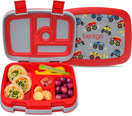 Bentgo Kids Prints Leak-Proof, 5-Compartment Bento-Style Kids Lunch Box - Ideal Portion Sizes for Ages 3-7, Durable, Drop-Proof, Dishwasher Safe, & PFAS & BPA-Free Materials (Trucks)