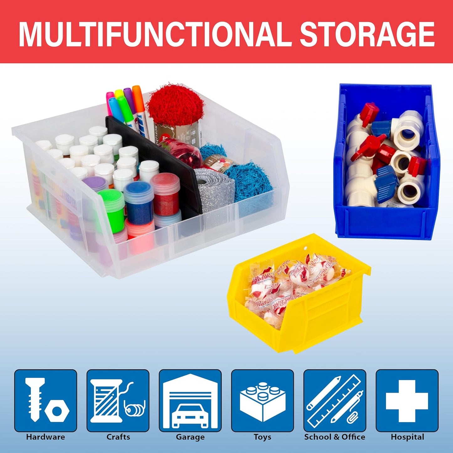 Akro-Mils 30220 AkroBins Plastic Storage Bins, Space-Saving Stackable Bins for Garage, Pantry, Craft Organization, 7-" x 4-" x 3-", Red, 24-Pack