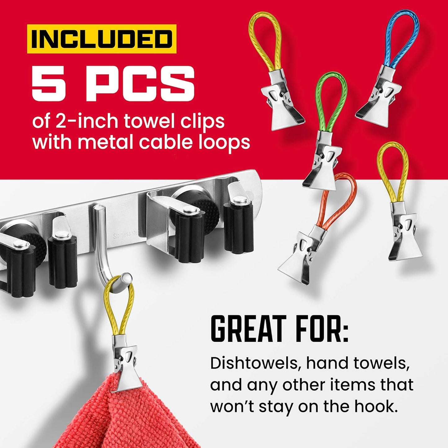 2 Pack Mop and Broom Holder Wall Mount – Self-Adhesive Stainless Steel broom hanger organizer – 4 Clamps, 3 Hooks – Holds Up to 40 Lbs