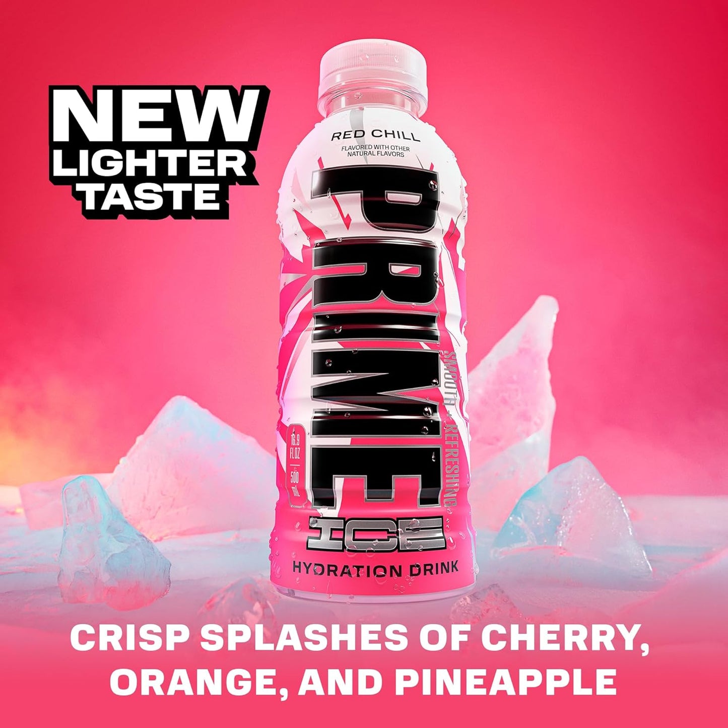 PRIME Hydration ICE RED CHILL, Sports Drinks, Electrolyte Enhanced for Ultimate Hydration, 250mg BCAAs, B Vitamins, Antioxidants, Low Sugar, 16.9 Fl Oz, 12 Pack