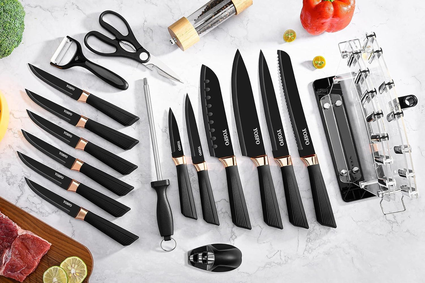 Kitchen Knife Sets with Block and Sharpener, 17Pcs Stainless Steel Knife Set includes Serrated Steak Knives Set, Chef Santoku Knives, Scissor, Knife Holder (Black Knife Set with Block)