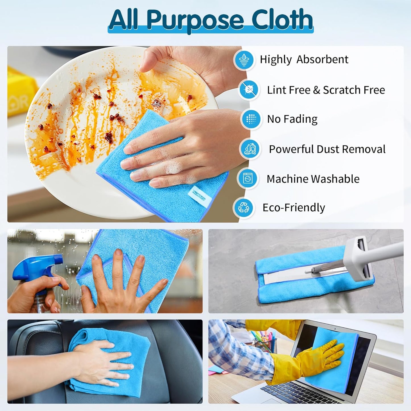 FIXSMITH Blue Microfiber Cleaning Cloth -Pack of 8, Highly Absorbent Cleaning Rags, 16"X12" All Purpose Cleaning Towels for Housekeeping, Kitchen, Car, Lint Free and Reusable Microfiber Towels