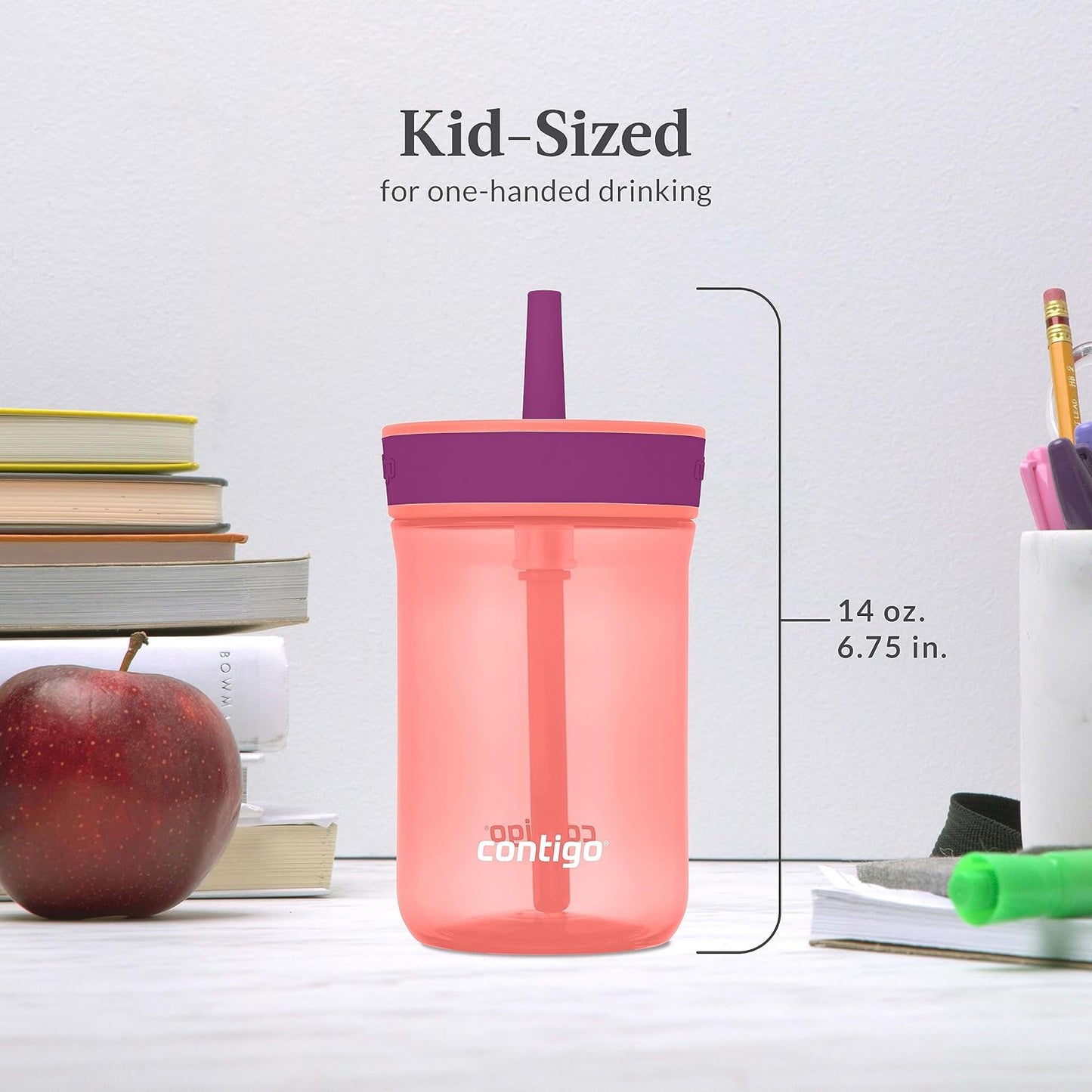 Contigo Kids’ Leighton Straw Tumbler with Spill-Proof Leak-Proof Lid 14oz Coral/Grape