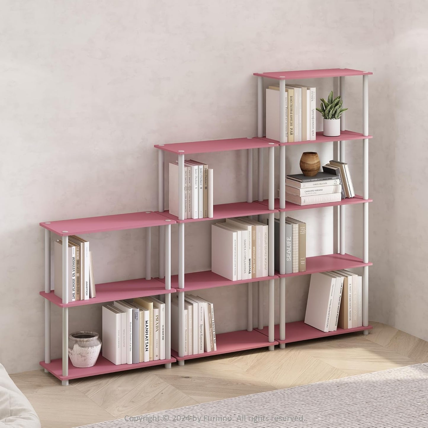 Furinno TURN-N-TUBE Storage Shelves, 5-Tier Book Shelf, Corner Shelf, Toolless Open Shelves, for Organization and Storage, Living Room, Garage, Home Office, Pink