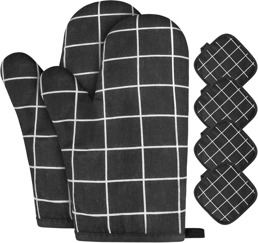 AUAUY Oven Mitts and Pot Holders 6PCS Set, 392°F Heat Resistant Cooking Gloves and Hot Pads Baking Mittens Grilling Gloves BBQ Gloves Non-Slip Kitchen Mittens for Oven Cooking Baking Grilling