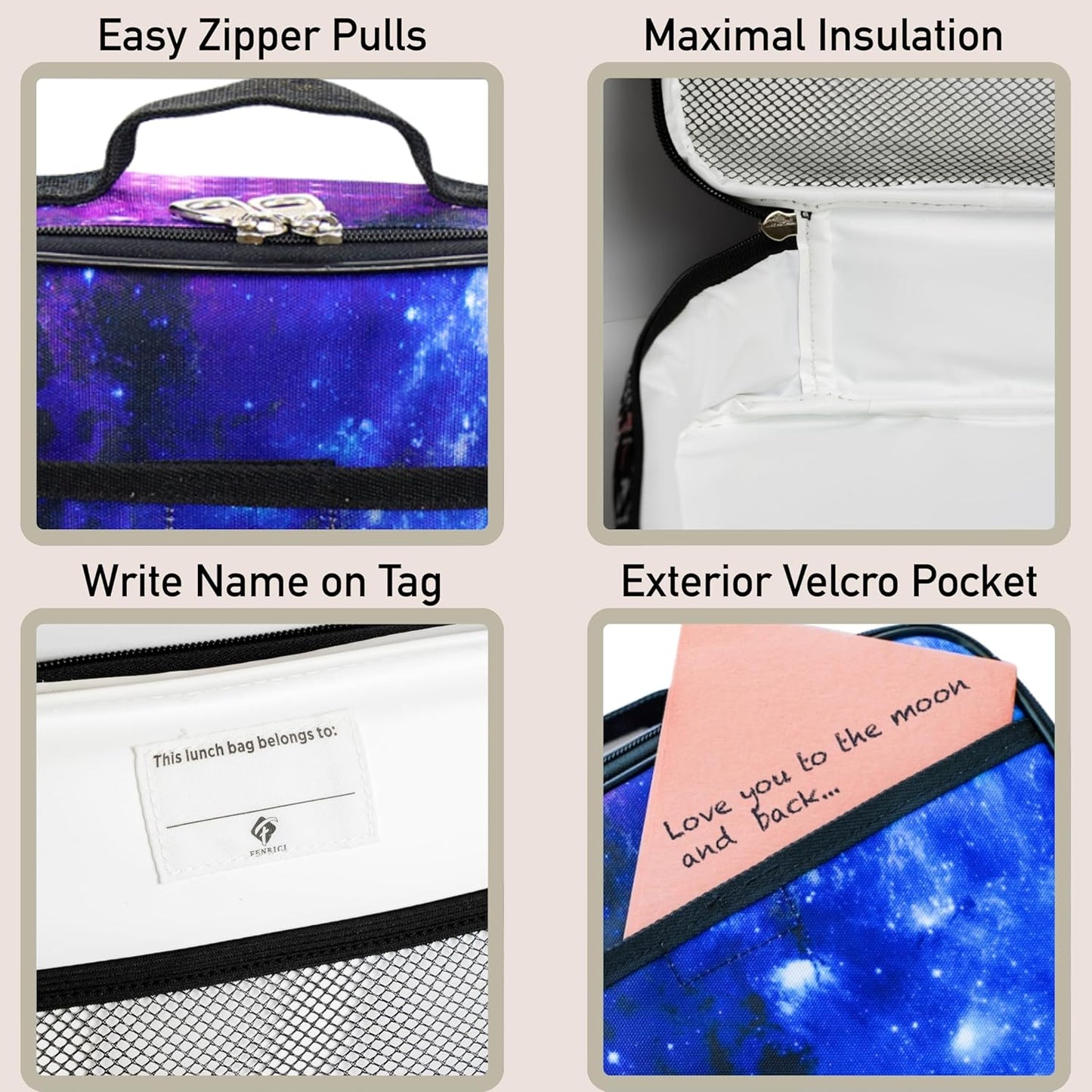 Fenrici Galaxy Lunch Box for Boys, Girls, Kids Insulated Lunch Bag, Perfect for Preschool, K-6, Soft Sided Compartments, Spacious, BPA Free, Food Safe,10.8in x 8.5in x 2.8in (Galaxy-Purple)