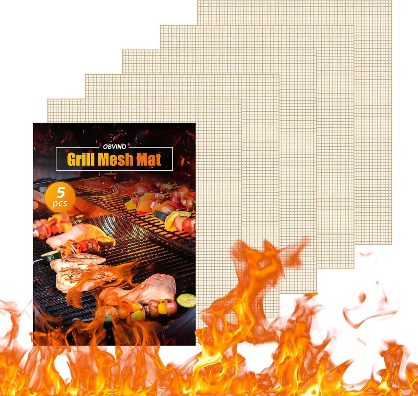 OSVINO Beige Grill Mesh Mat 5 Pack Reusable Non-Stick BBQ Grill Mats 16"x12" Outdoor Barbecue Baking Accessories Works on Gas Charcoal Electric Grill for Grilling Meat, Fish, Steak, Vegetables