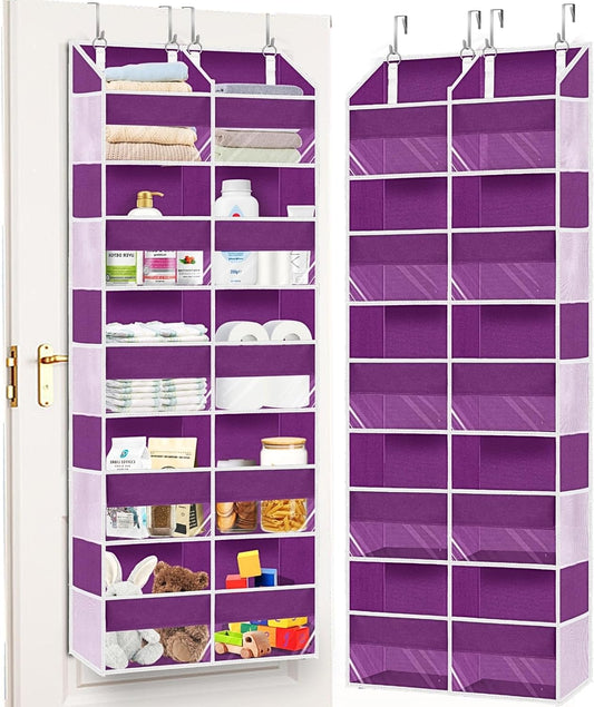 Over The Door Organizer 5 Tiers, Extra Large Behind Door Storage of 10 Compartments, 80 lbs Weight Capacity Hanging Storage Organizer with Clear Window Kids Toys,Shoes,Diapers,Room Storage,Purple
