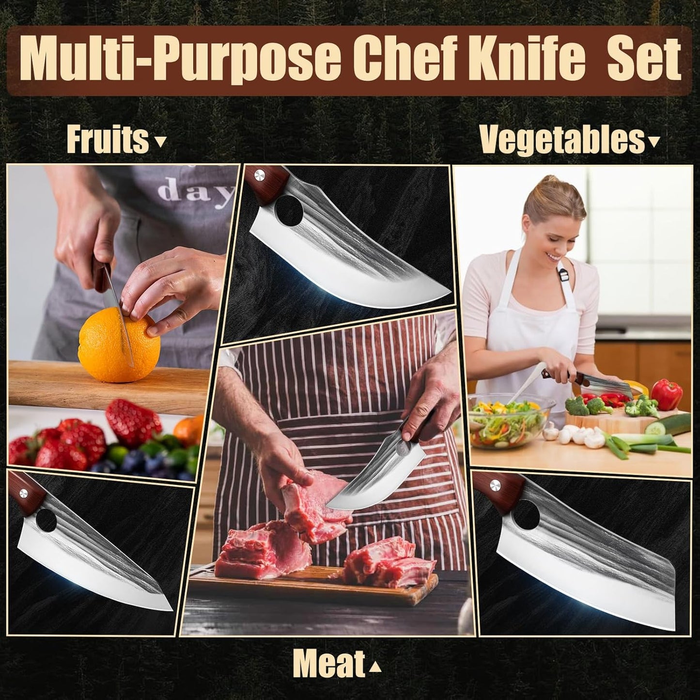 Kitchen Knife Set, Hand Forged Chef Knife Set with Full Tang Wood Handle, High Carbon Steel Butcher Knife Set for Meat Cutting Cleaver Knife Set for Vegetables Camping BBQ Ideal Gifts