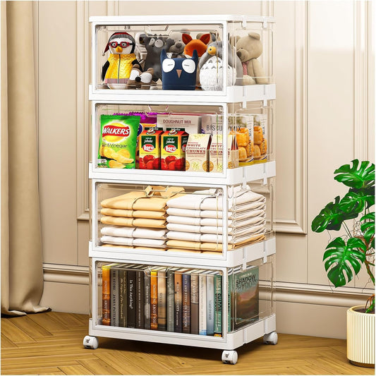 Clear Storage Bins with Lid 24Qt, 4 Pack Stackable Storage Bins, Acrylic Organizers, Plastic Multifunctional Folding Storage Bins, Plastic Stackable Storage Box for Bedroom, Living Room, Office