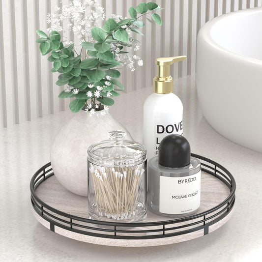 10" Oak Bathroom Vanity Tray Turntable for Perfume Candle, Round Wooden Decorative Tray for Kitchen Sink Countertop Organizer, Bathroom Counter Organizer for Skincare Makeup, Rustic Whitewased