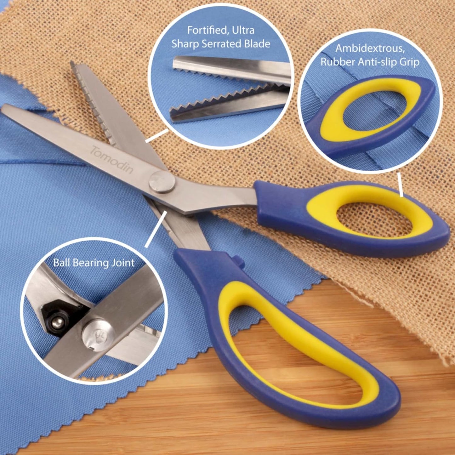 BambooMN Titanium Softgrip Scissors Set - Pinking, Sewing, Arts, Crafts, Office - 3 Sets of 4 - Blue w/Yellow