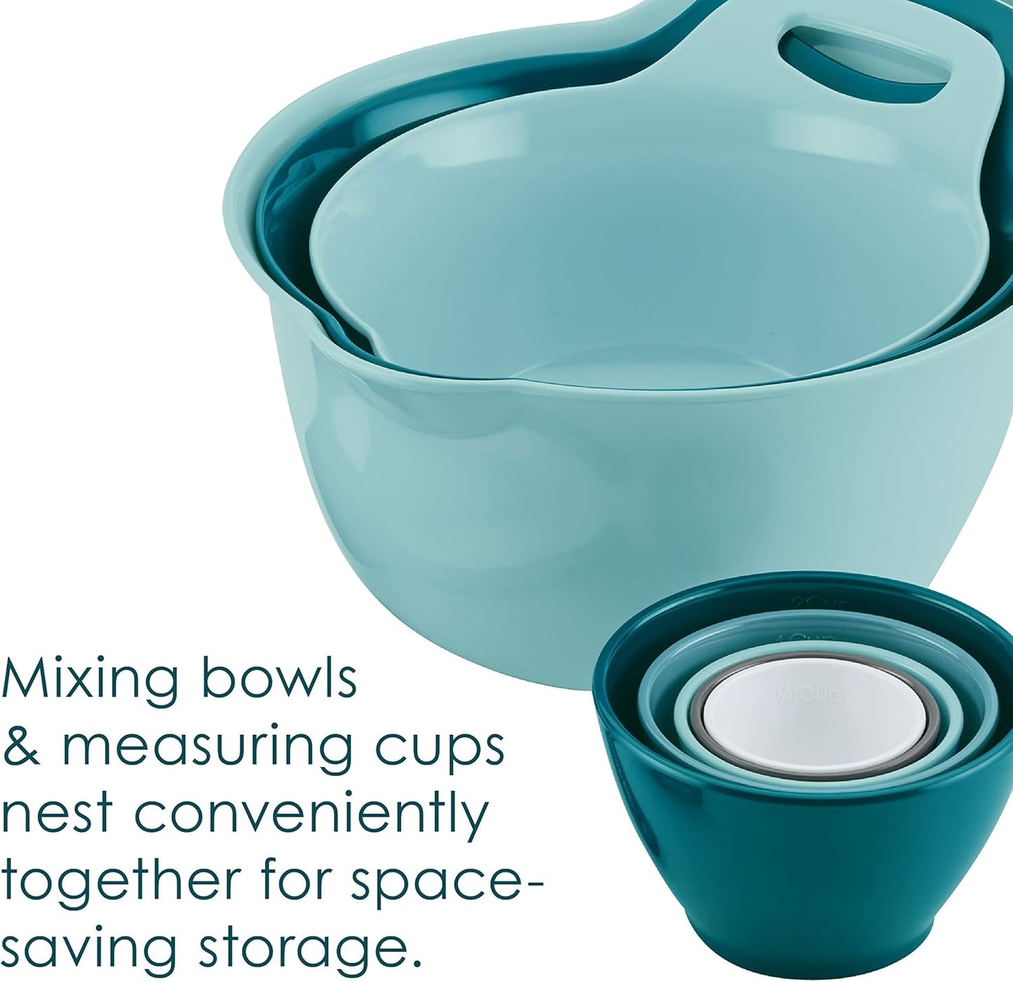Rachael Ray Tools and Gadgets Mix and Measure Cooking / Baking Prep Set with Mixing Bowls, Measuring Cups, and Tools - 10 Piece, Light Blue and Teal