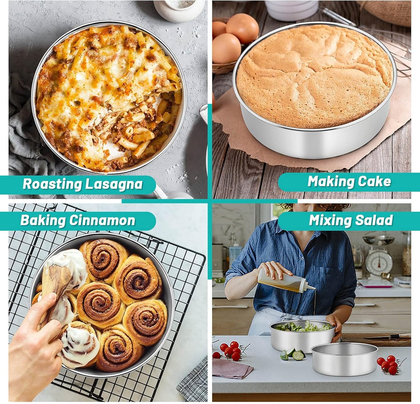 TeamFar Cake Pans, 8 Inch Stainless Steel Round Tier Baking Cake Pan for Birthday Wedding Anniversary Party Cake, Non-Toxic & Sturdy, 3 Inch Deep & Straight Side, Dishwasher Safe-Set of 3