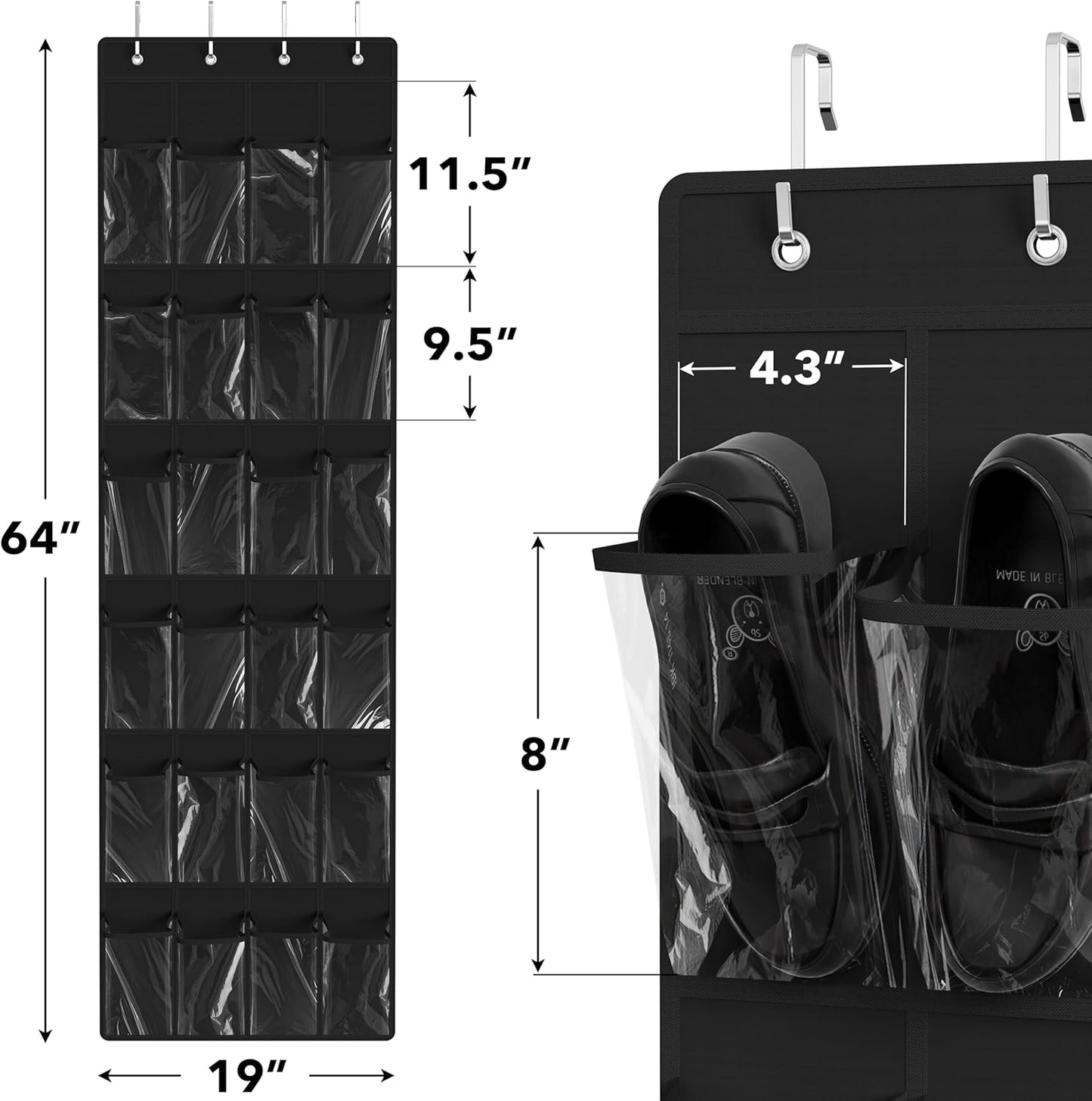 Simple Houseware 24 Pockets - Crystal Clear Over The Door Hanging Shoe Organizer, Black (64'' x 19'')