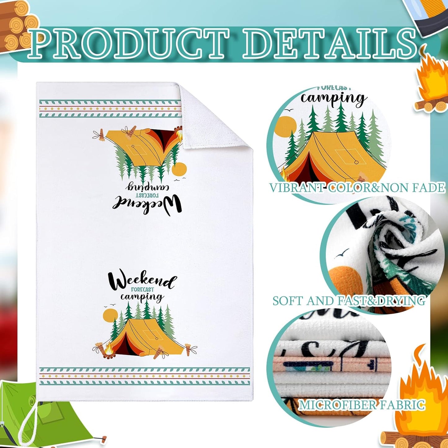 Set of 6 Camping Kitchen Towels White Absorbent Dishcloth Bonfire Tent Car Tea Towels 24 x 16 Inches with Funny Sayings Novelty Gifts for Campers Happy Camper Camping Accessories for Rv Campers