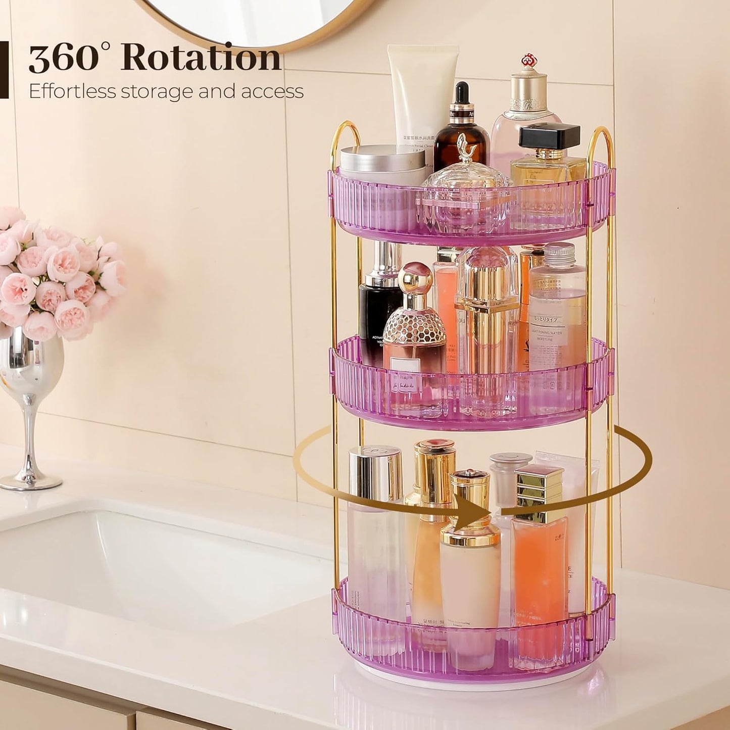 Aveniee Rotating Makeup Organizer for Vanity, Perfume Skincare Organizerss Large, Spinning Bathroom Counter Shelf Holder for Cosmetics, Skin Care, Lipsticks,3 Tiers, Purple