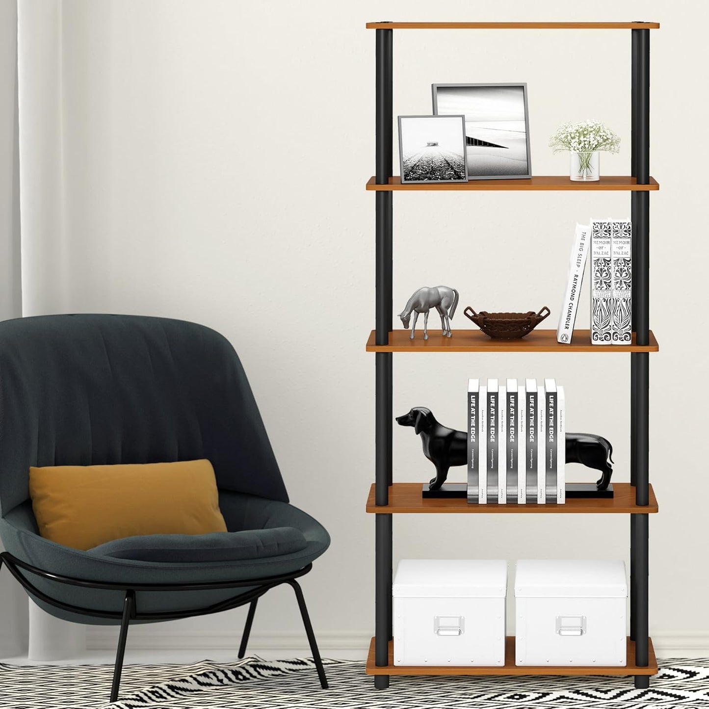 Furinno TURN-N-TUBE Storage Shelves, 5-Tier Book Shelf, Corner Shelf, Toolless Open Shelves, for Organization and Storage, Living Room, Garage, Home Office, Light Cherry