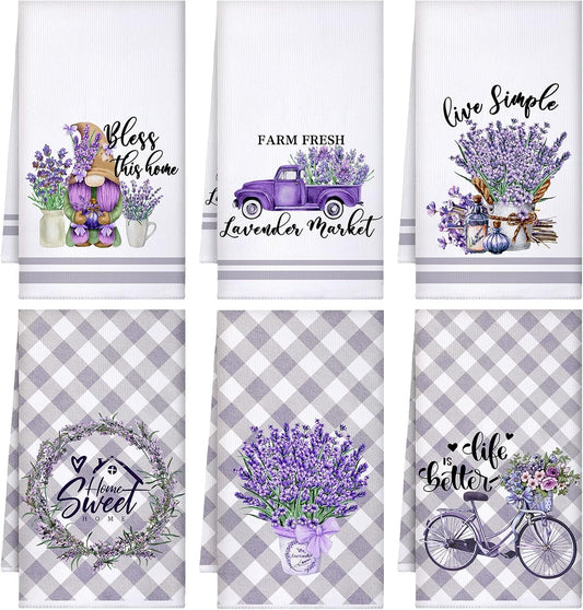Set of 6 Lavender Kitchen Towels Purple Floral Dishtowels Rustic Absorbent Purple Tea Hand Towels 24 x 16 Inches Lavender Lover Gifts for Farmhouse Kitchen Bathroom Accessories Decorations