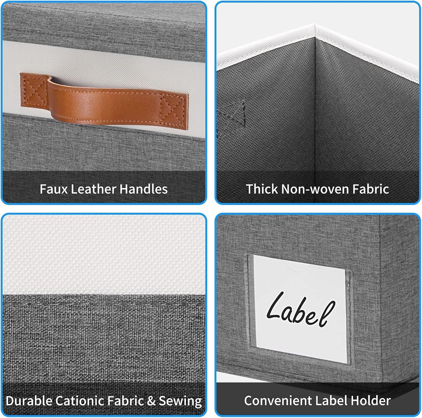 GhvyenntteS 6 Pack Fabric Storage Bins with Lid, Large Closet Storage Bins with Lid and 3 PU Handles, Foldable Fabric Storage Boxes with Label Window for Home Bedroom Office (Grey, Large)