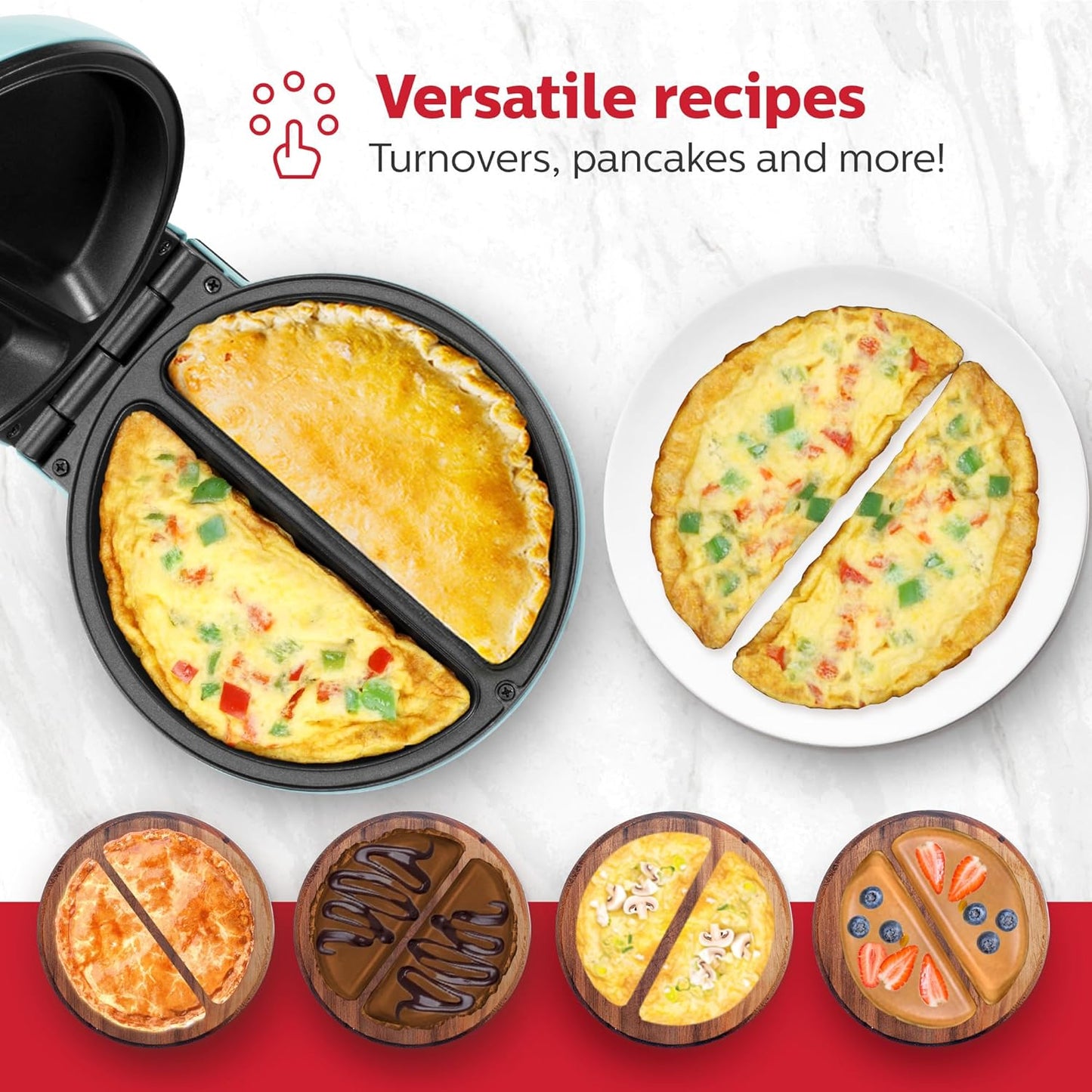 Holstein Housewares Stainless Steel 2 Section Omelet & Frittata Maker, Non Stick Coating, Easy To Clean, Indicator Lights, Compact Storage, Prepare Versatile Recipes in Minutes. 2 Portions, Mint