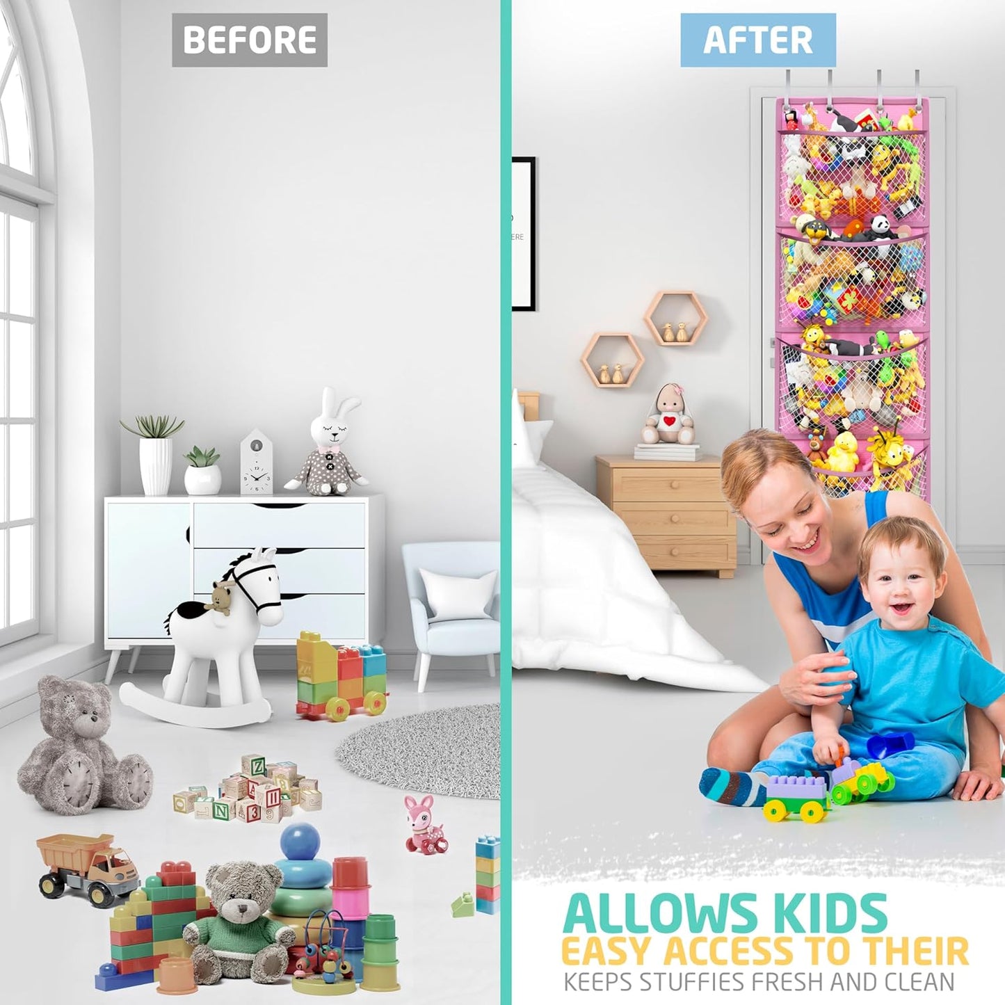 Honeyera Storage for Stuffed Animals - Over Door Organizer for Stuffies, Baby Accessories, and Toy Plush/Easy Installation with Breathable Hanging Storage Pockets Big Girls Chair Toddler Large Bag