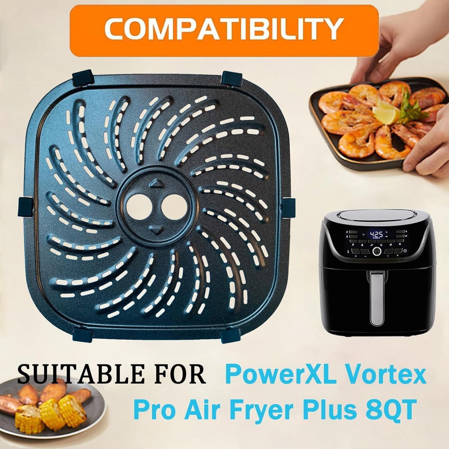 Air Fryer Grill Plate for 8QT PowerXL Vortex Pro Air Fryer Plus, Upgraded Air Fryer Grill Pan Crisper Plate Tray Insert Grate Rack Shelf for PowerXL 8QT Air Fryer, Dishwasher Safe, Nonstick