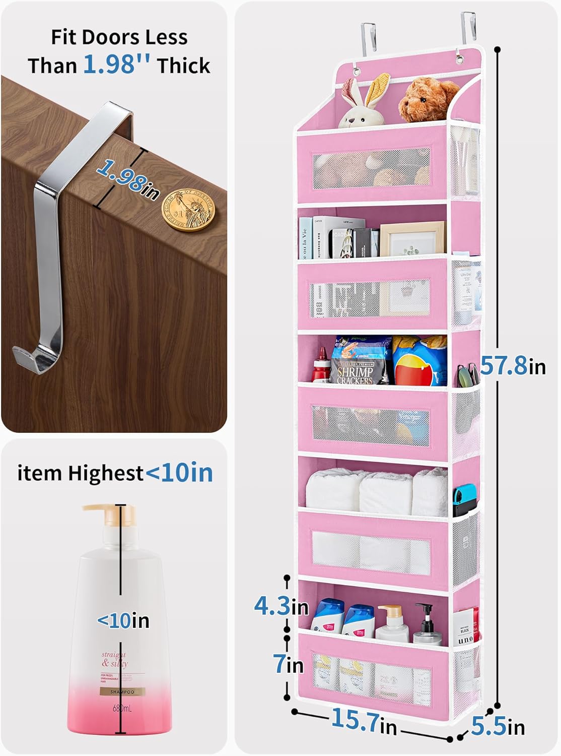 JARLINK 2 Pack Over The Door Organizer Storage, 5 Shelf Hanging Door Organizer with 5 Large Capacity Pockets, Anti Tilt 44 lb Load Behind Door Storage for Bedroom, Bathroom, Pantry, Nursery, (Pink)