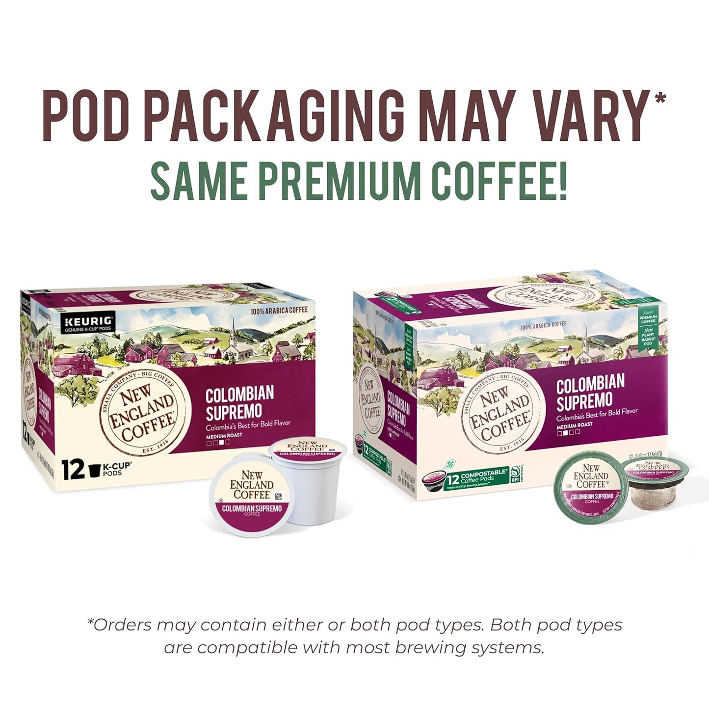 New England Coffee Colombian Supremo Medium Roast Single Serve Pods, 12ct Box (Pack of 1)