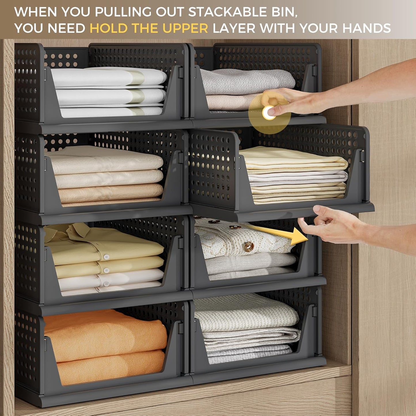 Pinkpum 8 Pack Closet Organizers and Storage Plastic Stackable Storage Bins, Foldable Drawer Shelf Storage Container for Wardrobe Kitchen Bathroom Dorm Black