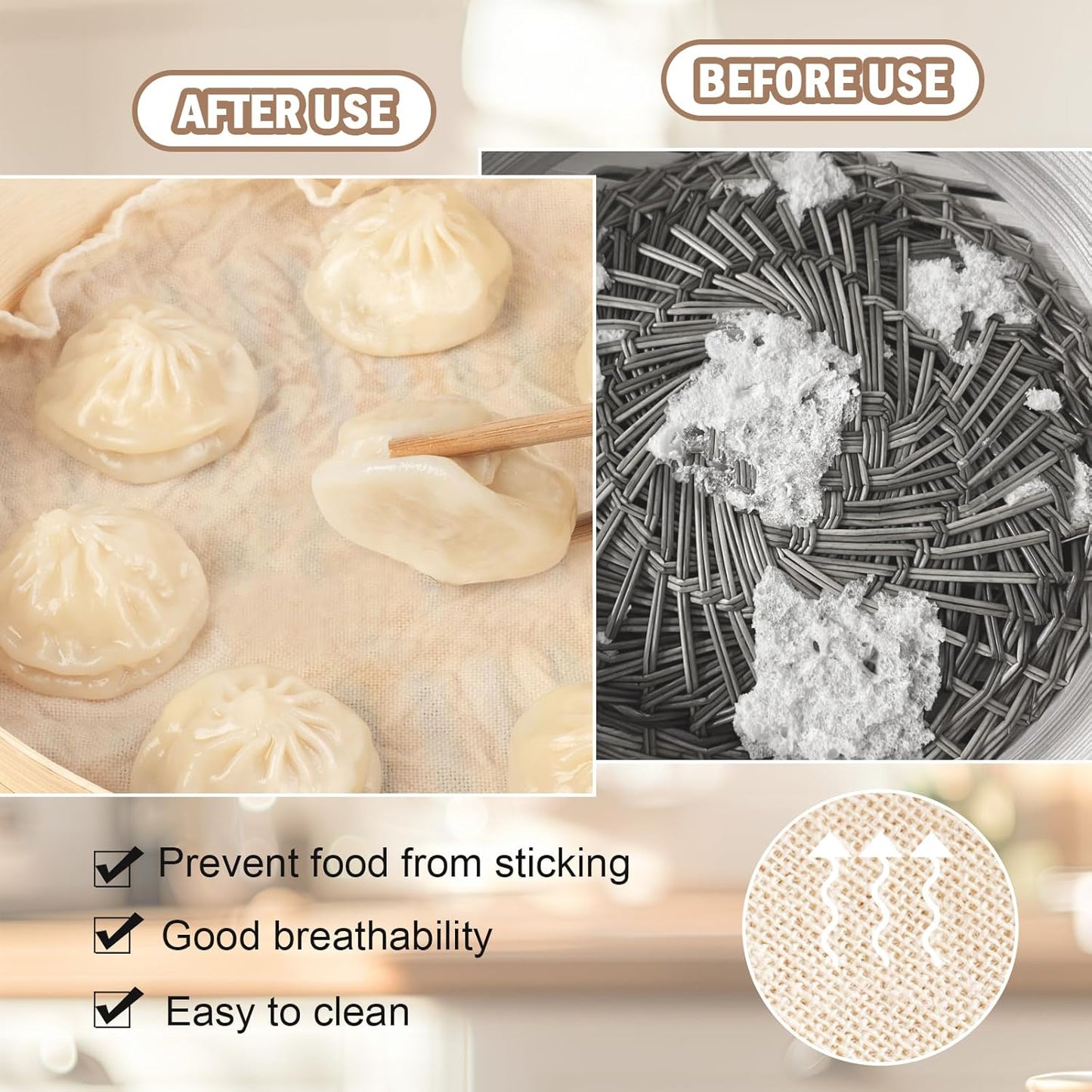 6 Pcs Linen Bamboo Steamer Liner, 8" Round Air Fryer Parchment Liners, Reusable & Non Stick for Food Vegetable Steamer, Air Fryer, Dumpling & Dim Sum