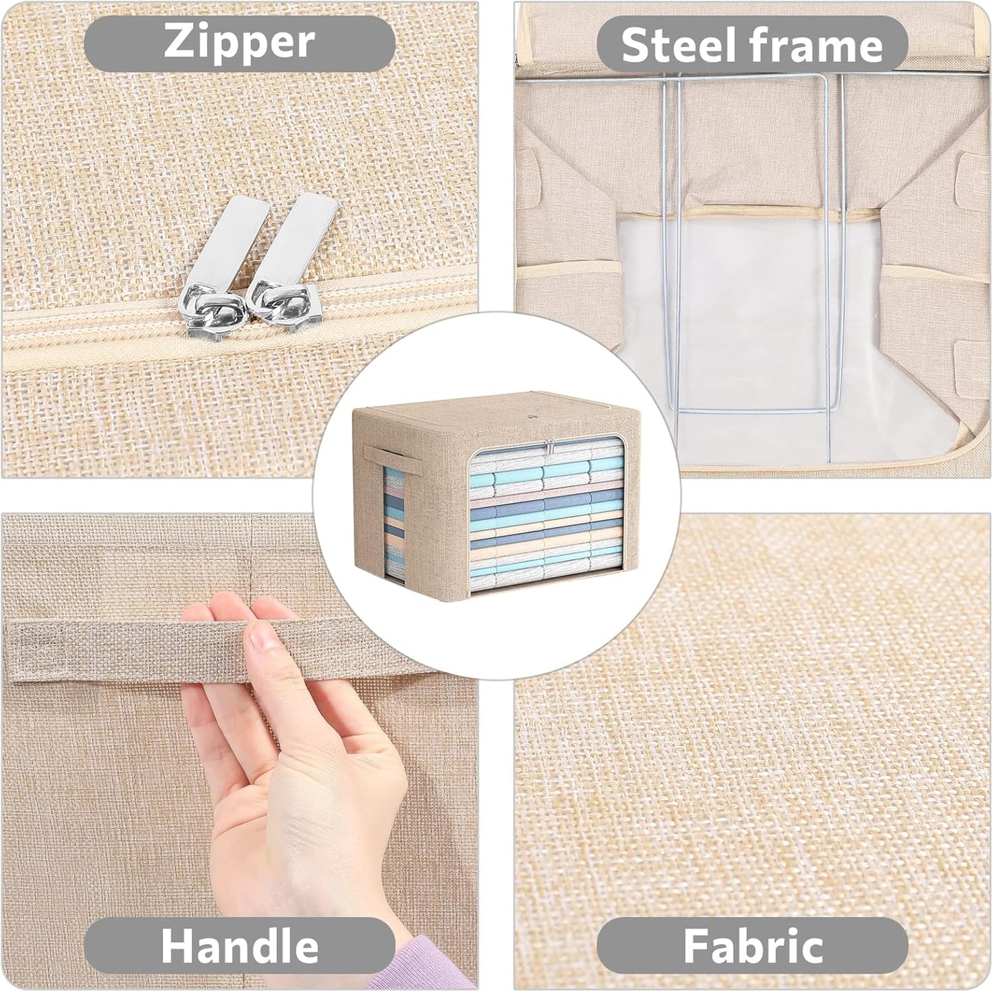 FHSQX 2 Pack Clear Window Storage Bins - Large Stackable Linen Fabric Storage for Clothes Foldable Container Organizer Set with Carrying Handles (Beige, 19.7x 15.7x 12.6 Inch)