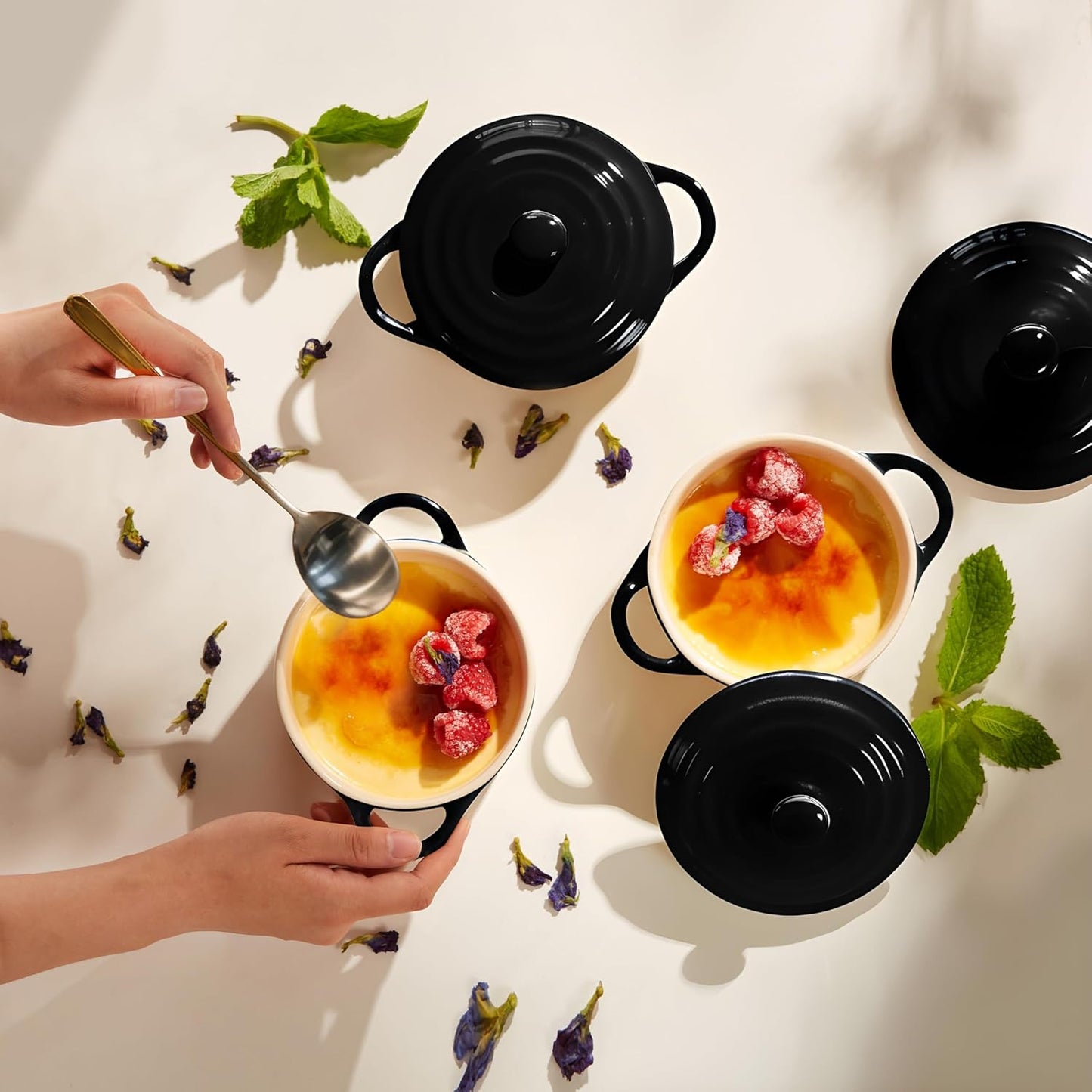 Kook Ceramic Mini Cocotte Set, Small Casserole Dishes with Lids and Handles, Individual Baking Ramekins, Oven, Microwave & Dishwasher Safe, Stoneware, 12 oz, Set of 4 (Black)