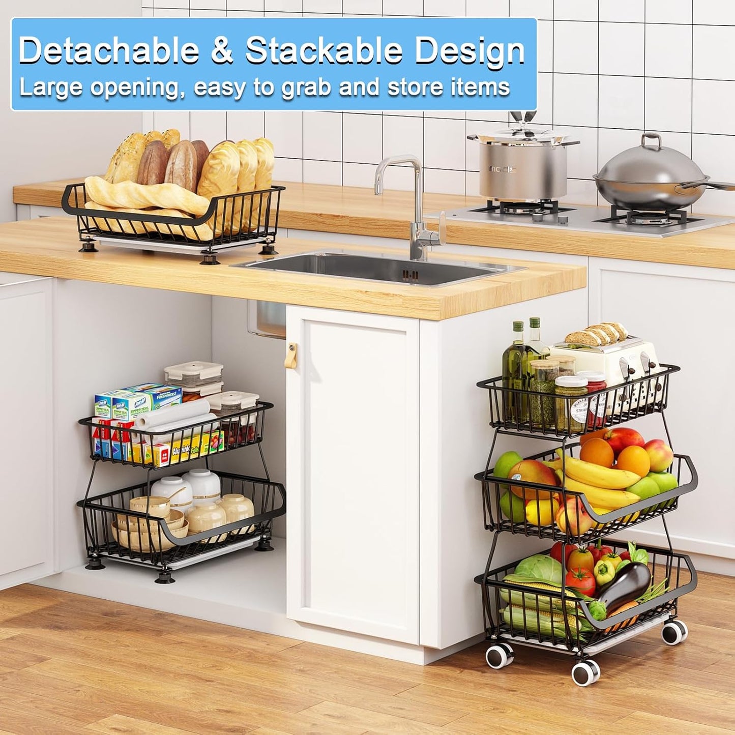 3-Tier Rolling Pantry Floor Organizer, Stackable Pantry Storage Cart with Wheels, Metal Wire Pantry Baskets, Kitchen Fruit Basket Stand, Vegetable Storage Rack for Fruits Snacks Onions Potatoes