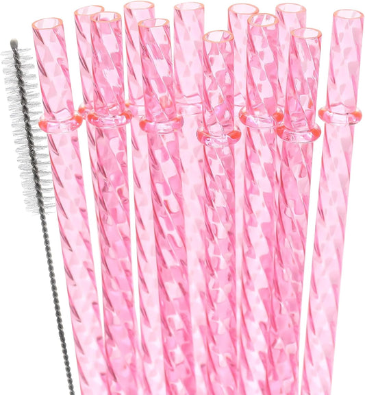 Dakoufish 12 Inch Reusable Clear Plastic Swirl Drinking Straws for 30 oz & 40 oz Jars/Tumblers,Set of 12 Pcs Replacement Crystal Pink Straws with Cleaning Brush (12inch,Pink)