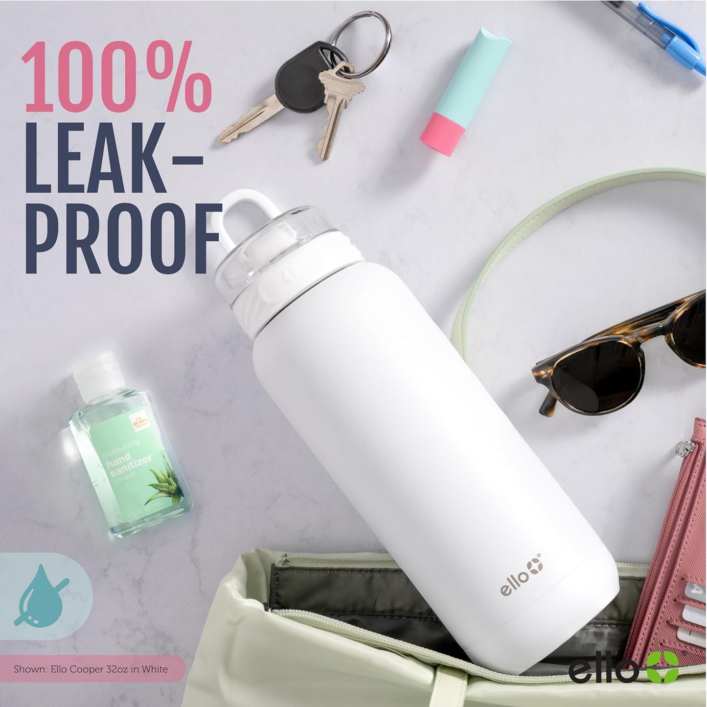 Ello Cooper 18oz Stainless Steel Water Bottle with Straw and Carry Handle, Double Walled and Vacuum Insulated Metal, Leak Proof Locking Lid with Soft Silicone Spout, Reusable, BPA Free, White Marble