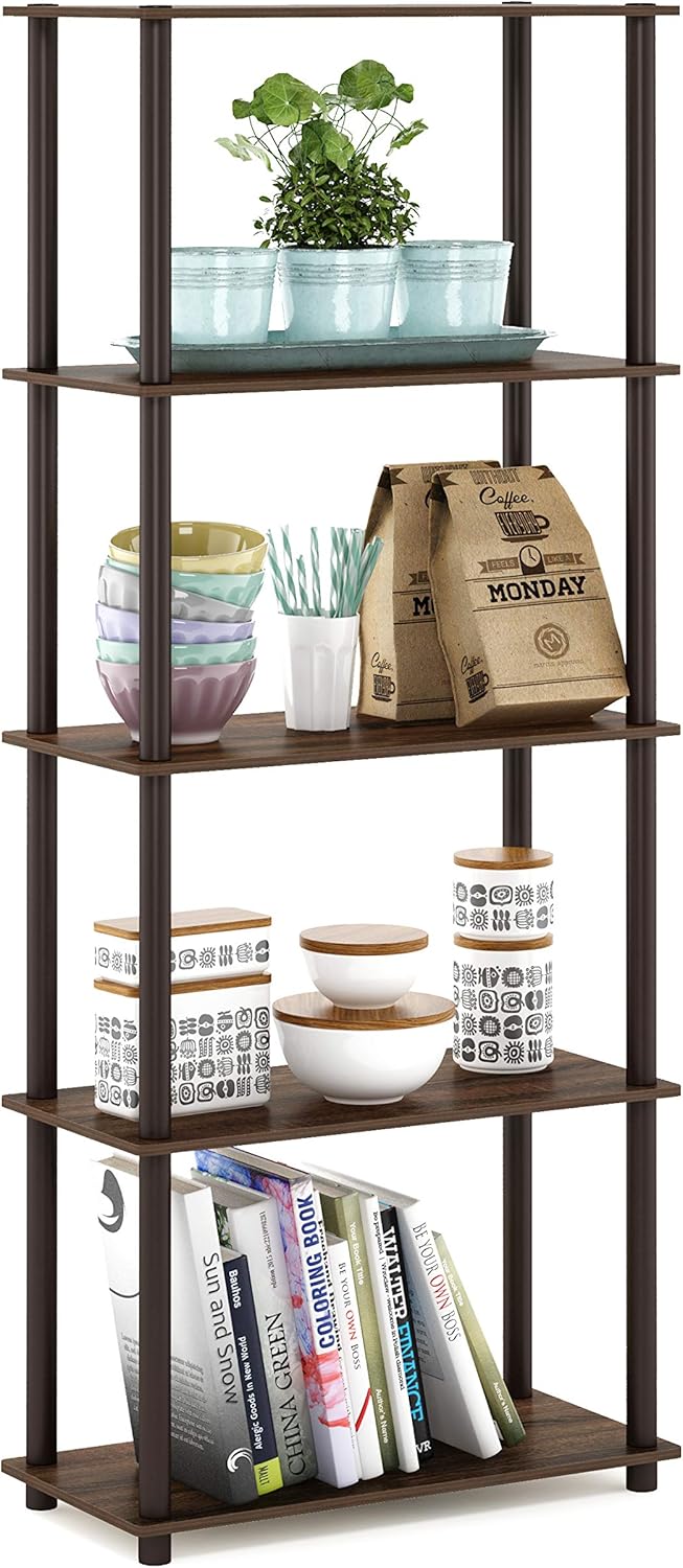 Furinno TURN-N-TUBE Storage Shelves, 5-Tier Book Shelf, Corner Shelf, Toolless Open Shelves, for Organization and Storage, Living Room, Garage, Home Office, Walnut