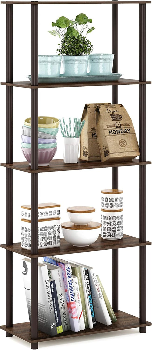 Furinno TURN-N-TUBE Storage Shelves, 5-Tier Book Shelf, Corner Shelf, Toolless Open Shelves, for Organization and Storage, Living Room, Garage, Home Office, Walnut