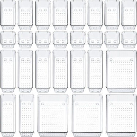 SMARTAKE 28 Piece Drawer Organizers with Non-Slip Silicone Pads, 4-Size Desk Drawer Organizer Trays Storage Tray for Makeup, Jewelries, Utensils in Bedroom Dresser, Office and Kitchen, Clear