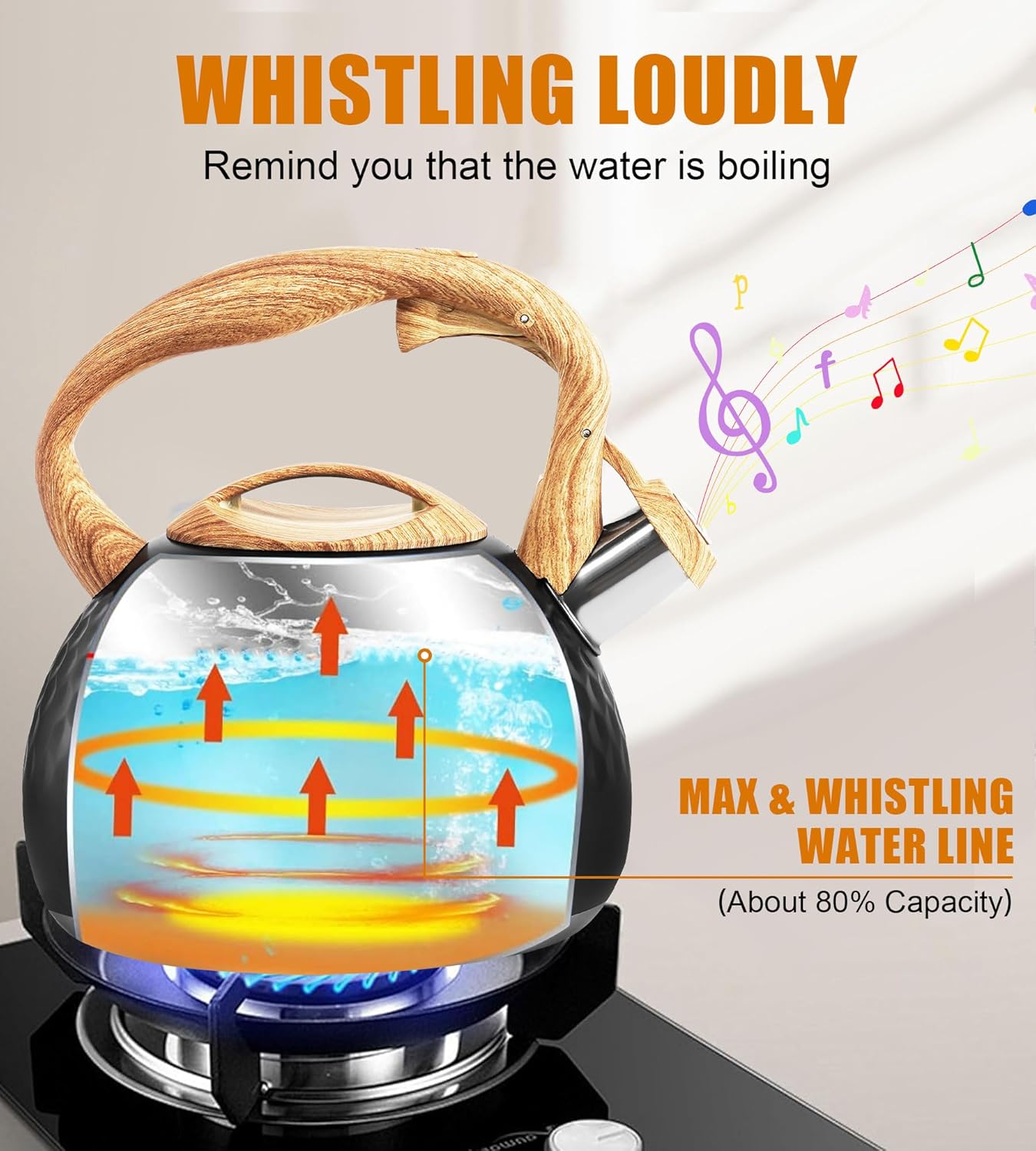 Tea Kettle 3.2Qt Stainless Steel Stovetop Whistling Pot with Heat-Resistant Handle, Fast Boiling Water for Home Kitchen, Induction Compatible & Rust-Proof - Black