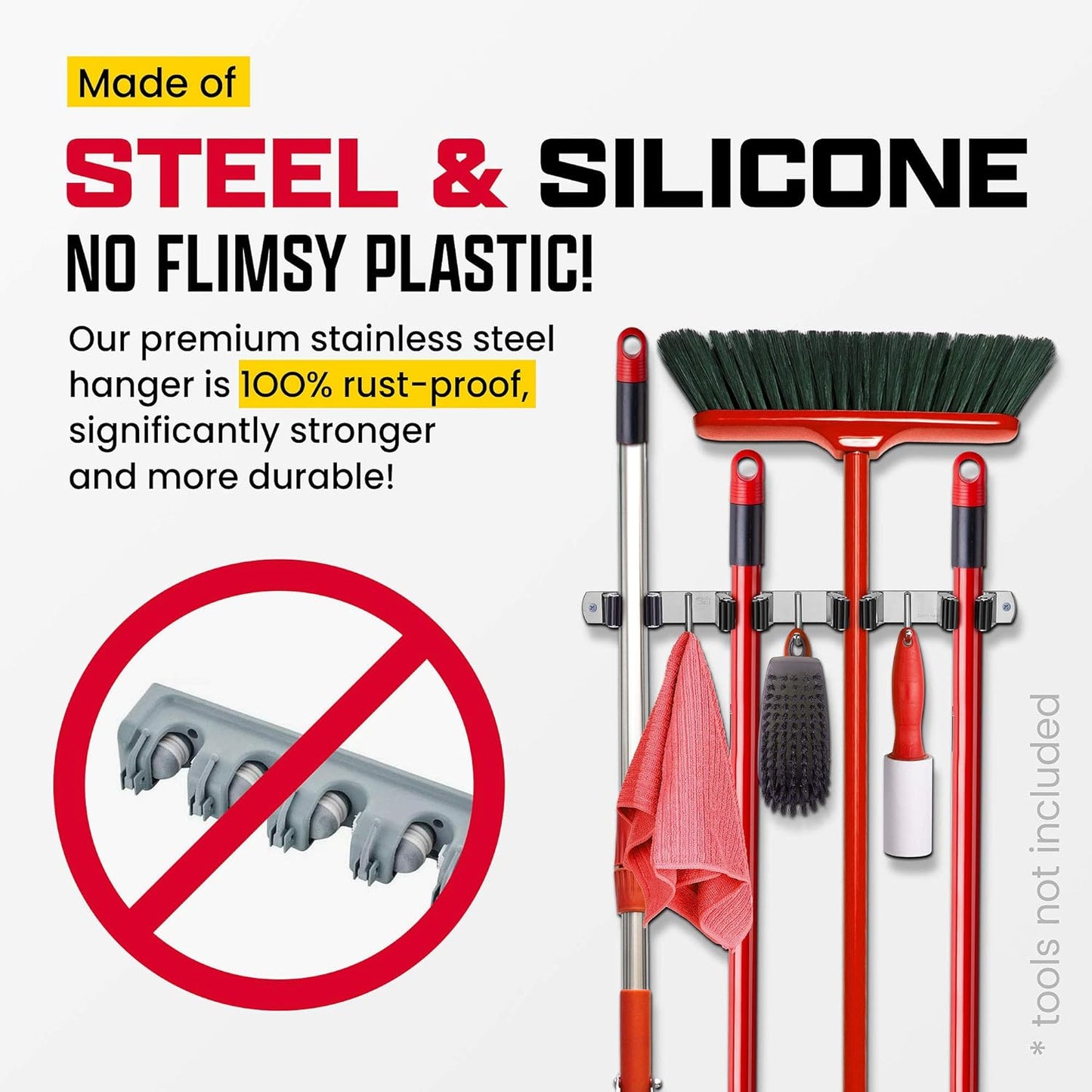 Mop and Broom Holder Wall Mount – Self-Adhesive Stainless Steel broom hanger organizer – 4 Clamps, 3 Hooks, 5 Towel Hanging Clips Mounting Screws – Holds Up to 40 Lbs