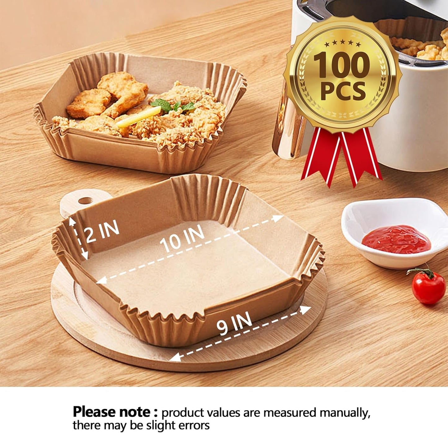 10 Inch Air Fryer Paper Liners, 100Pcs Air Fryer Liner Disposable, Oil-Proof & High-Temperature Resistant Parchment Baking Paper for Air Fryer, Microwave and Oven（Bottom Is 9 Inch）