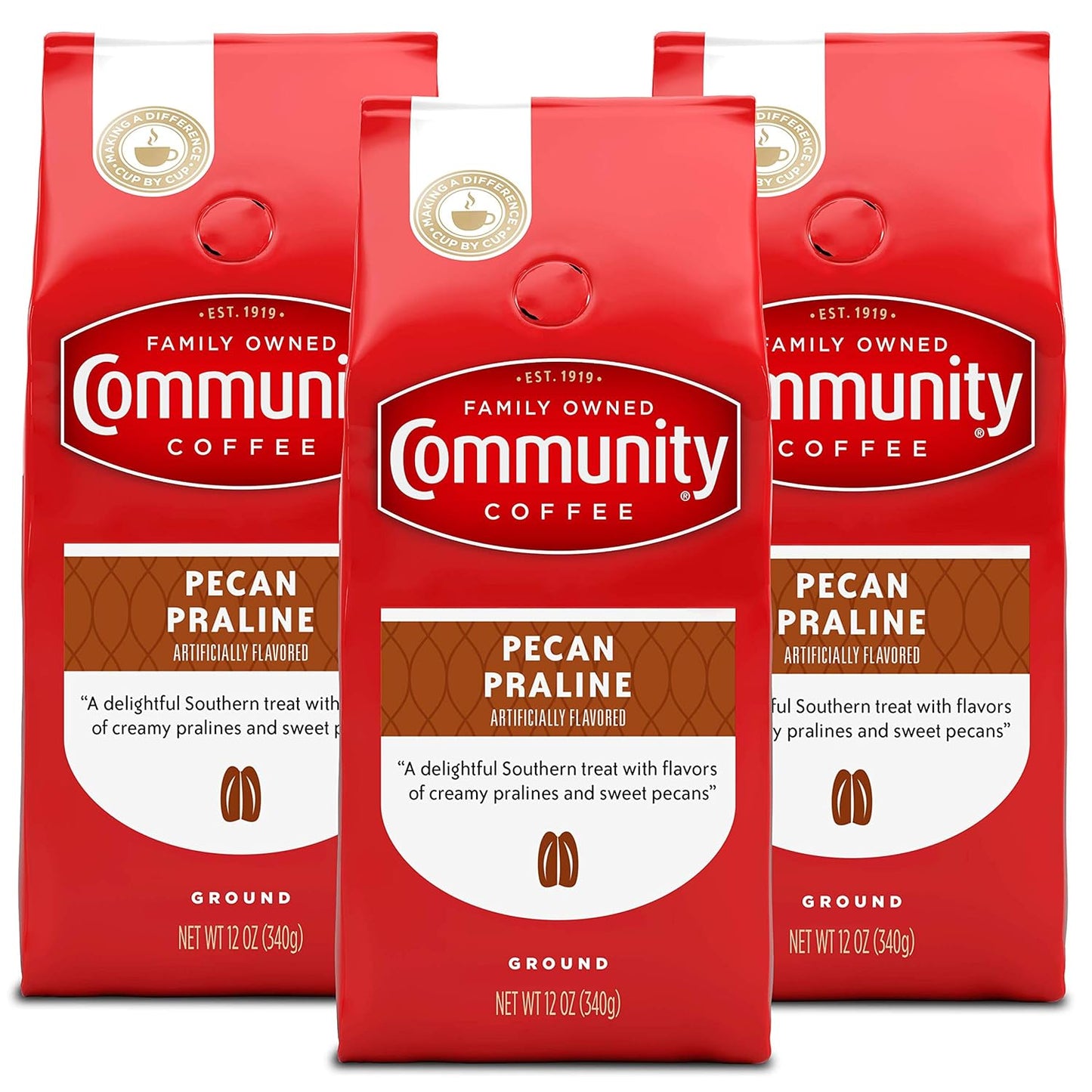Community Coffee Medium Roast Ground Coffee | Pecan Praline Flavored | 12 Ounce Bag | Pack of 3