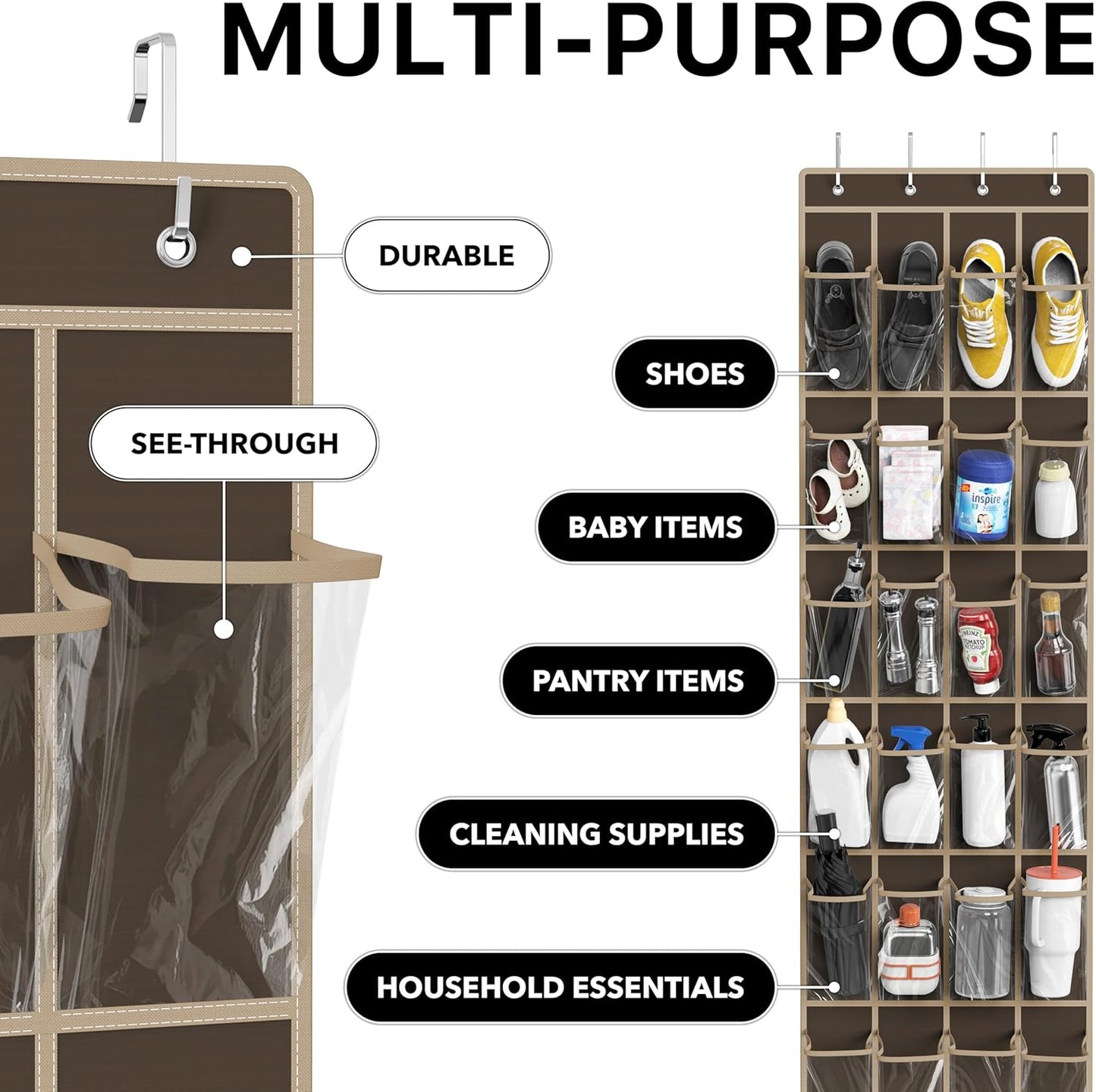 Simple Houseware 24 Pockets - Crystal Clear Over The Door Hanging Shoe Organizer, Brown (64'' x 19'')