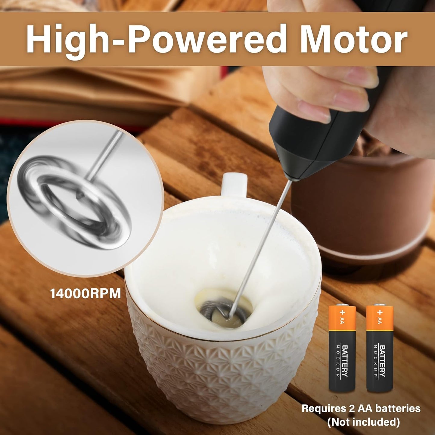 YSSOA Electric Milk Frother Handheld with Stainless Steel Stand Battery Operated Whisk Drink Mixer for Coffee, Latte, Matcha, Hot Chocolate, Black