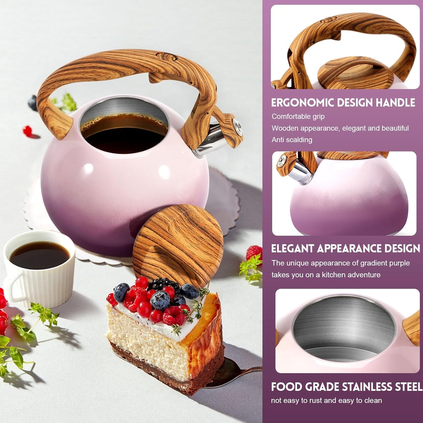 GGC Tea Kettle for Stove Top, 3.1QT/3L Whistling Tea Kettles for Boiling Water Coffee or Milk, Purple Tea Pot with Wood Parttern Handle, Stainless Steel Tea Pot for Home and Kitchen