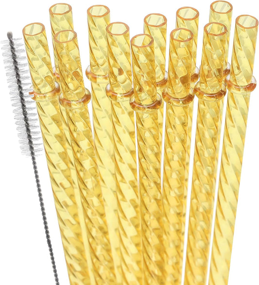 Dakoufish 12 Inch Reusable Clear Plastic Swirl Drinking Straws for 30 oz & 40 oz Jars/Tumblers,Set of 12 Pcs Replacement Crystal Yellow Straws with Cleaning Brush (12inch,Yellow)