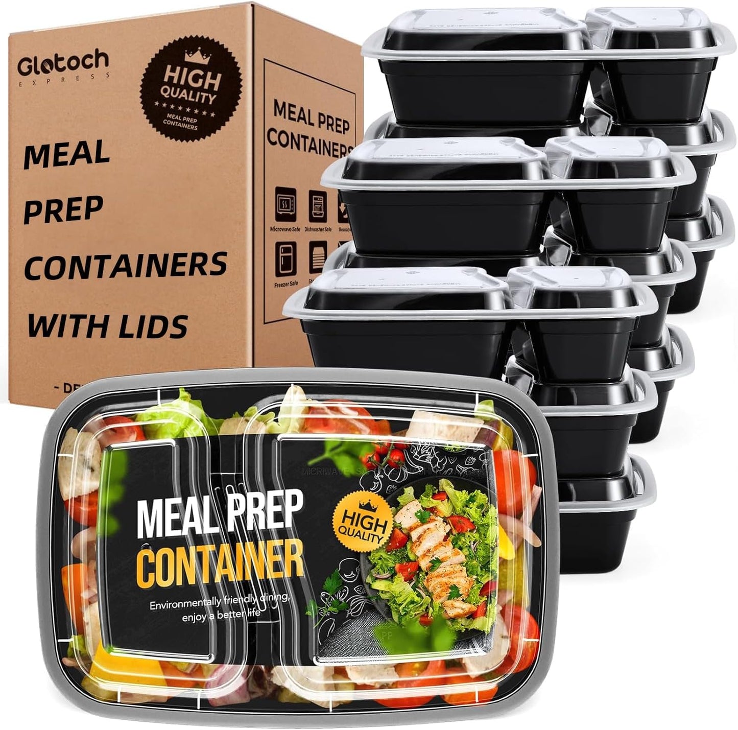 Glotoch 50 Pack 32 oz Meal Prep Containers Reusable, 2 Compartment Food Containers with Lids To Go Containers, Lunch-Microwave, Freezer, Dishwasher Safe