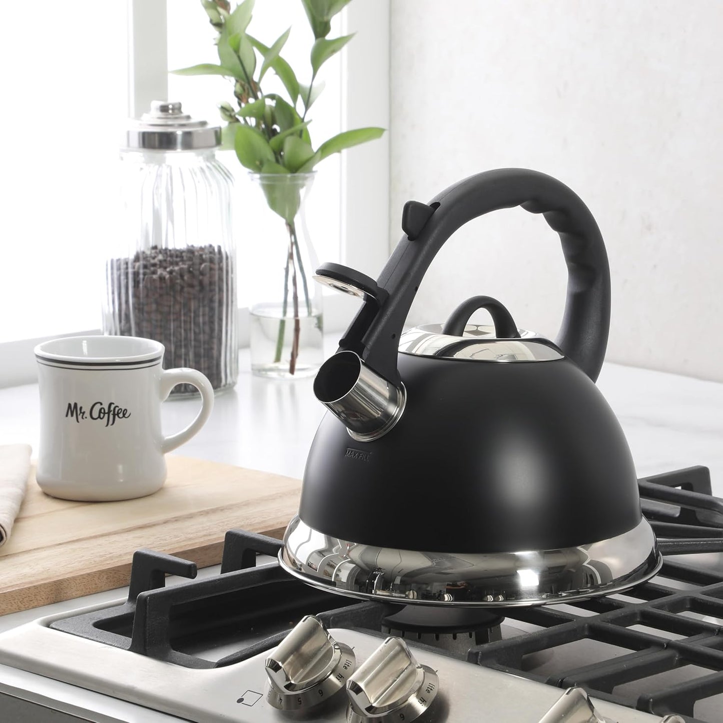 Mr. Coffee Clarefield 2.4 Qt Whistling Tea Kettle – Matte Black Stovetop Water Kettle with Lid, Heat-Resistant Nylon Handle and Knob, Stainless Steel Trim