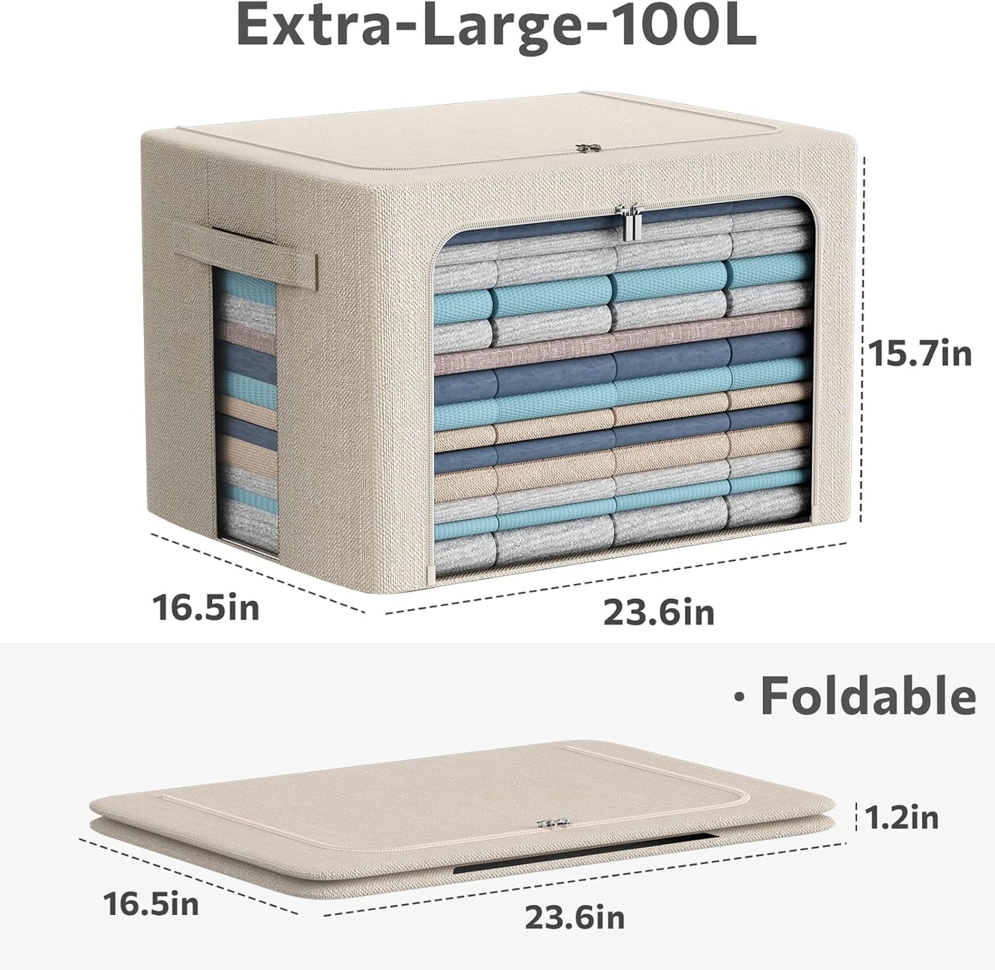 Extra Large Clothes Storage Bins - Linen Fabric Foldable Stackable Container Organizer Set with Clear Window & Carry Handles & Metal Frame - 2Pack Large Capacity for Bedding, Blankets, Books